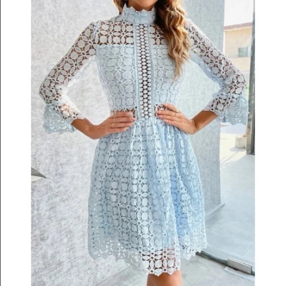 Classic Lace Frill Neck Long Sleeve Party Dress - Picture 9 of 13